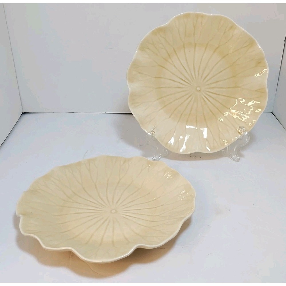 Pair Vintage Metlox Poppytrail Lotus Leaves Tan Ivory Salad Plates‎ Saucers 8" 2